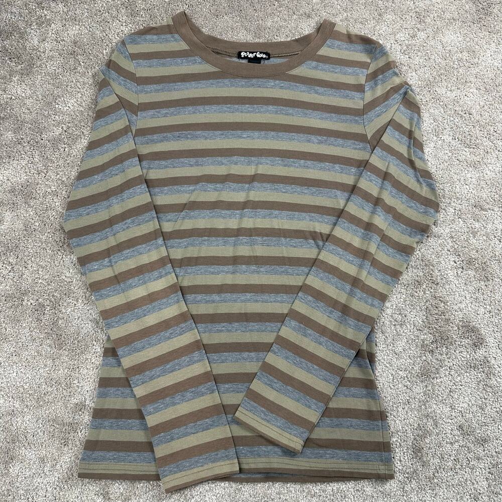 Planet Gold Striped Long Sleeve Top Size L Brown Blue Crew Neck Skate Normcore